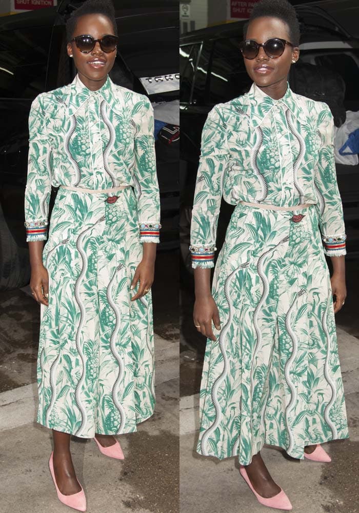 Lupita Nyong'o makes a plain garage look like a glamorous location in her Gucci outfit