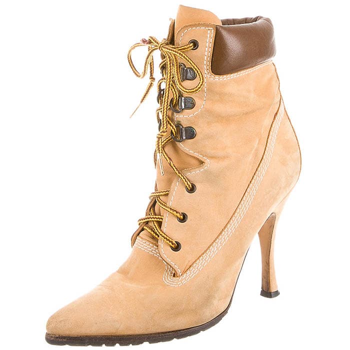 Manolo Blahnik Nubuck Pointy-Toe Lace-Up Booties