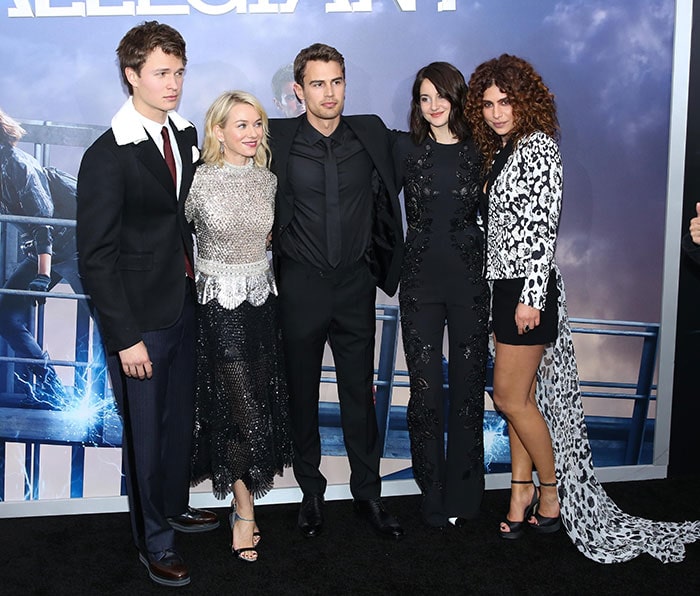 Ansel Elgort, Naomi Watts, Theo James, Shailene Woodley, and Nadia Hilker attend the 'Allegiant' New York premiere