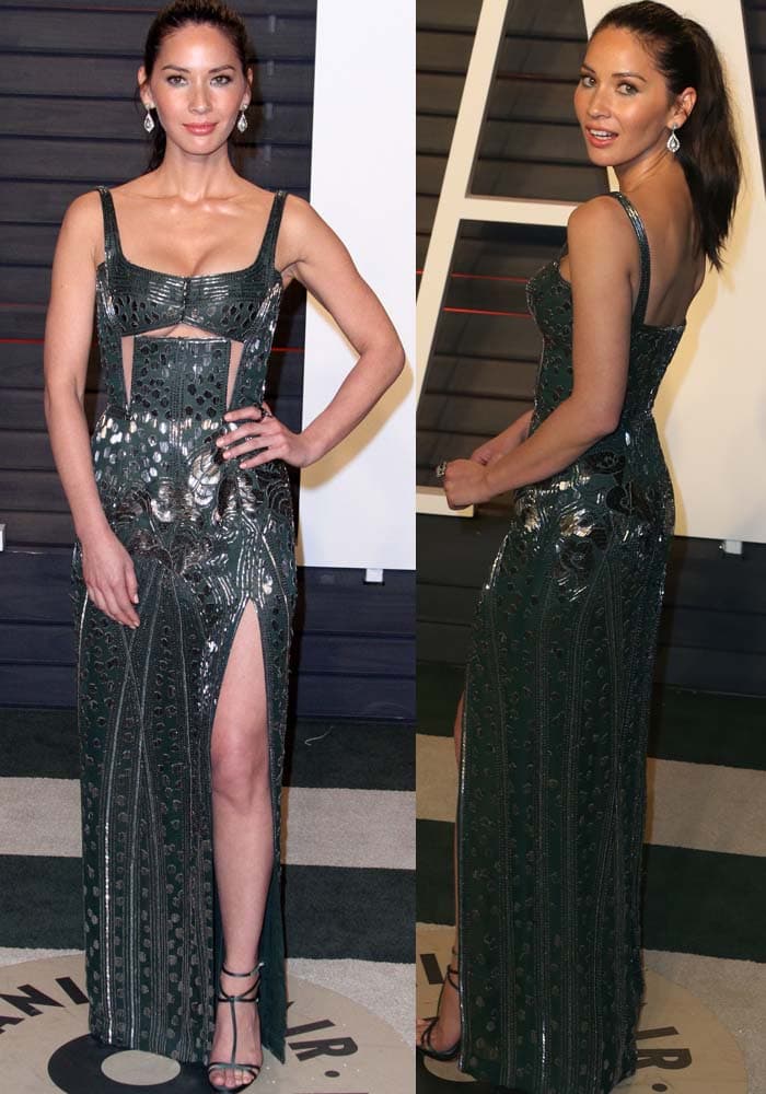 Olivia Munn wears a green floor-length J. Mendel gown