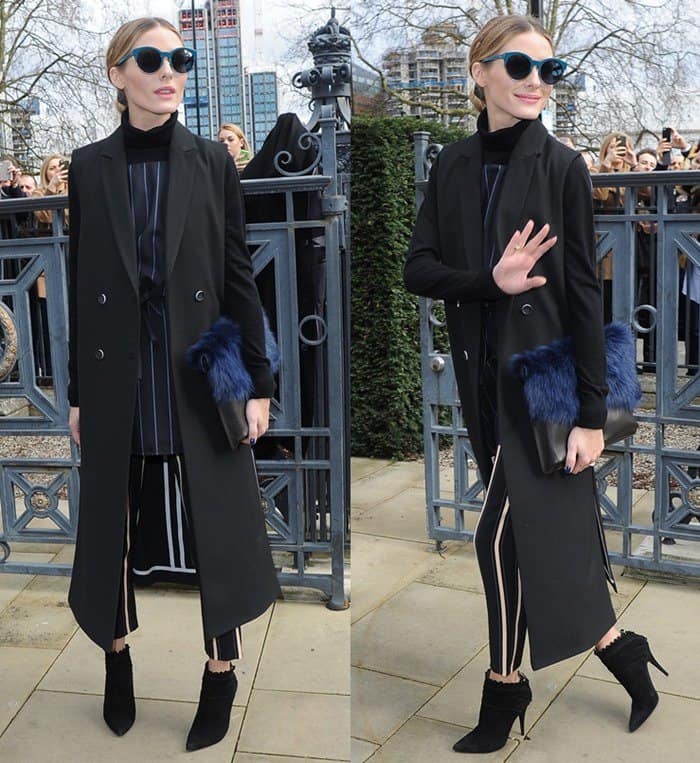 Olivia Palermo in Tabitha Simmons' "Harmony" booties at the London Fashion Week Autumn/Winter 2016 Topshop Unique show on February 21, 2016
