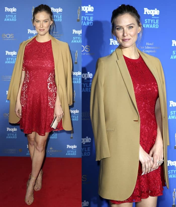 Radiant and glowing, Bar Refaeli proudly displayed her growing baby bump and tastefully adorned herself with a tan peacoat while elegantly styling her hair in a bun