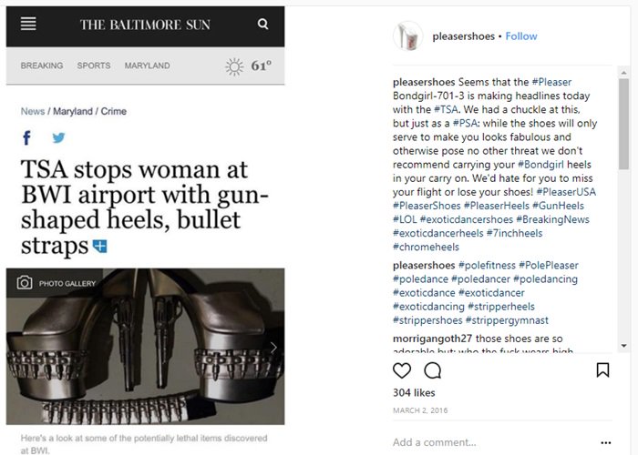 Pleaser USA spokeswoman Elody Romero said that "in her nine years at the company, she'd never heard of the heels holding up the security line at an airport."