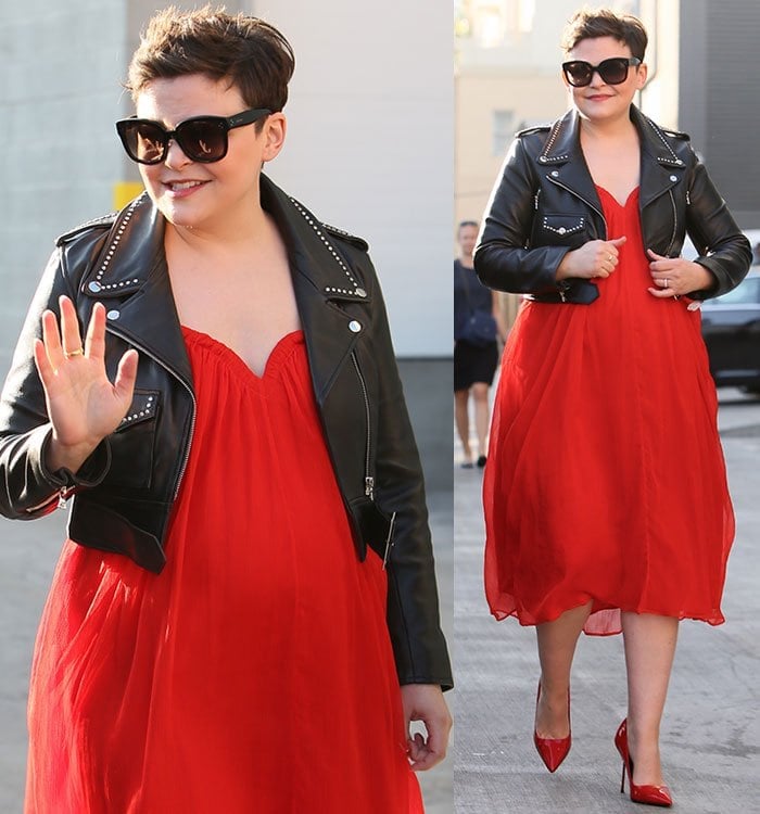 Ginnifer Goodwin arriving at the ABC studios for Jimmy Kimmel Live in a floaty red dress with a sweetheart neckline