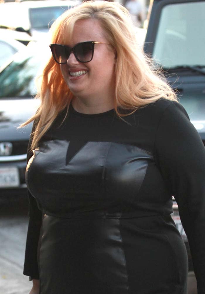 Rebel Wilson wears a black leather dress with mesh cutout details