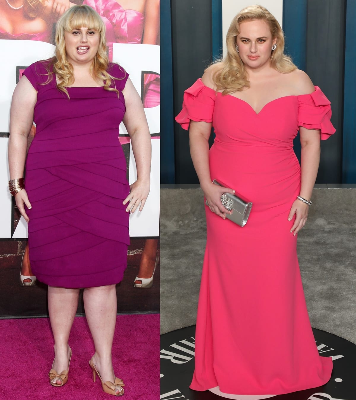 Rebel Wilson at the premiere of Bridesmaids in 2011 (L) and in a pink Badgley Mischka off-the-shoulder dress at the 2020 Vanity Fair Oscar Party