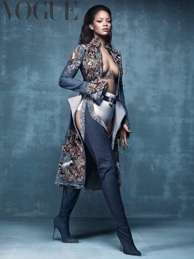 Rihanna promoting her “Denim Desserts” footwear collaboration with Manolo Blahnik in Vogue