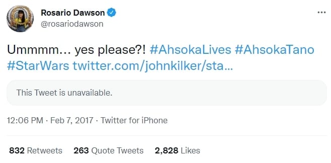 Rosario Dawson tweeted her agreement when a fan suggested her for the role of Ahsoka Tano