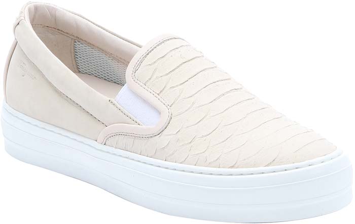 Salvatore Ferragamo Ivory Crocodile Print Leather "Pacau" Slip-On Sneakers