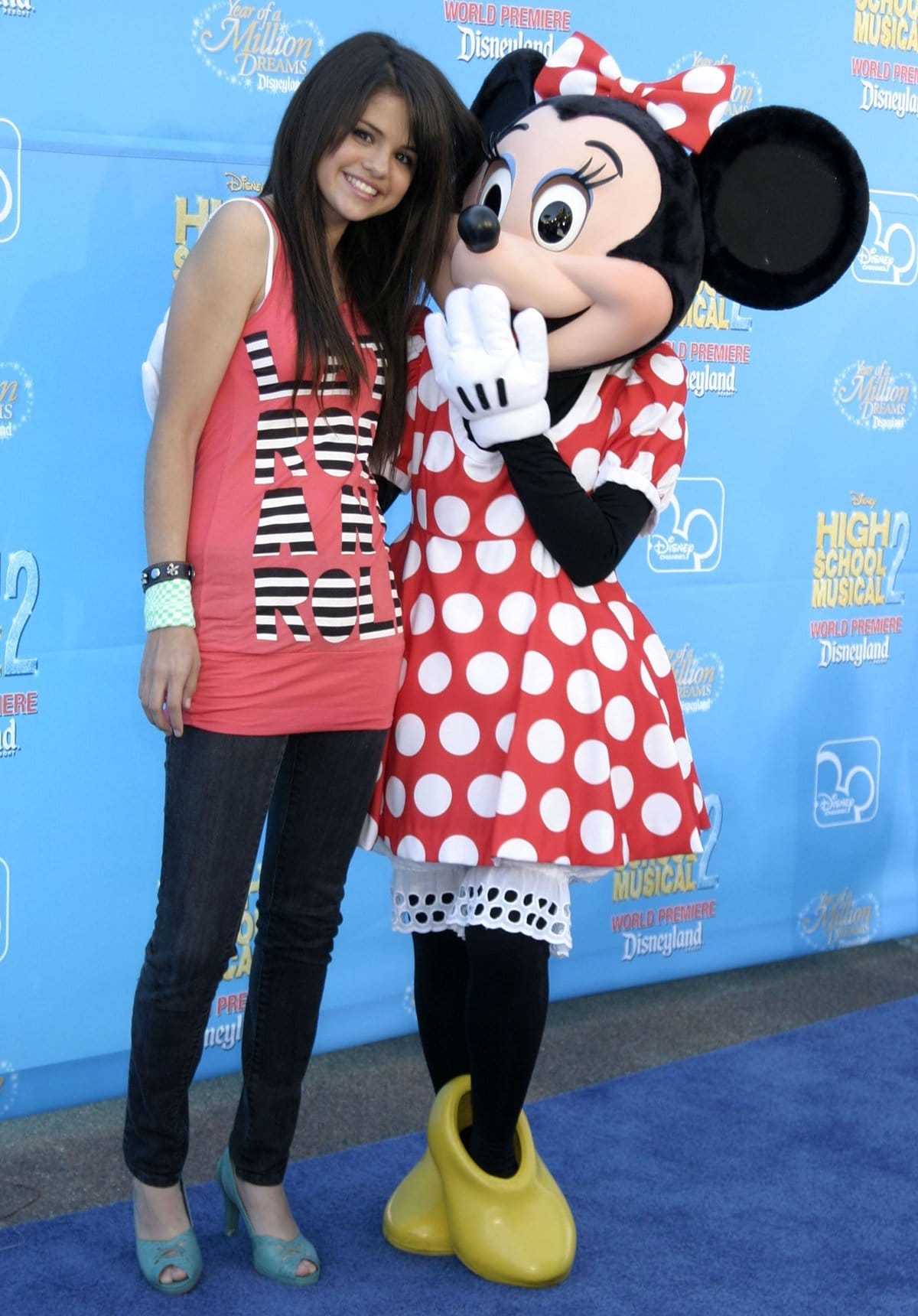 Actress Selena Gomez and character Minnie Mouse arrive at the world premiere of Disney Channel's "High School Musical 2"