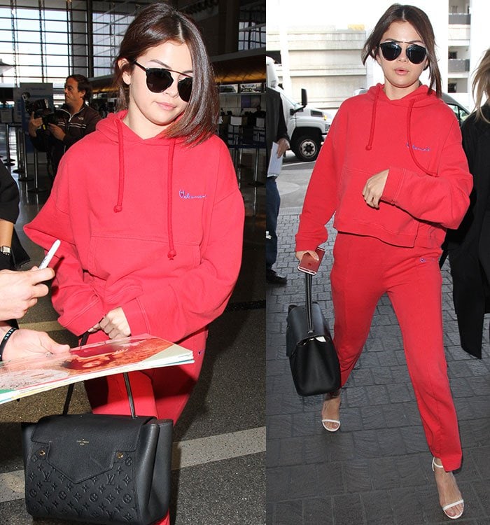 Selena Gomez's logo-printed hooded sweatshirt and track pants by Vetements