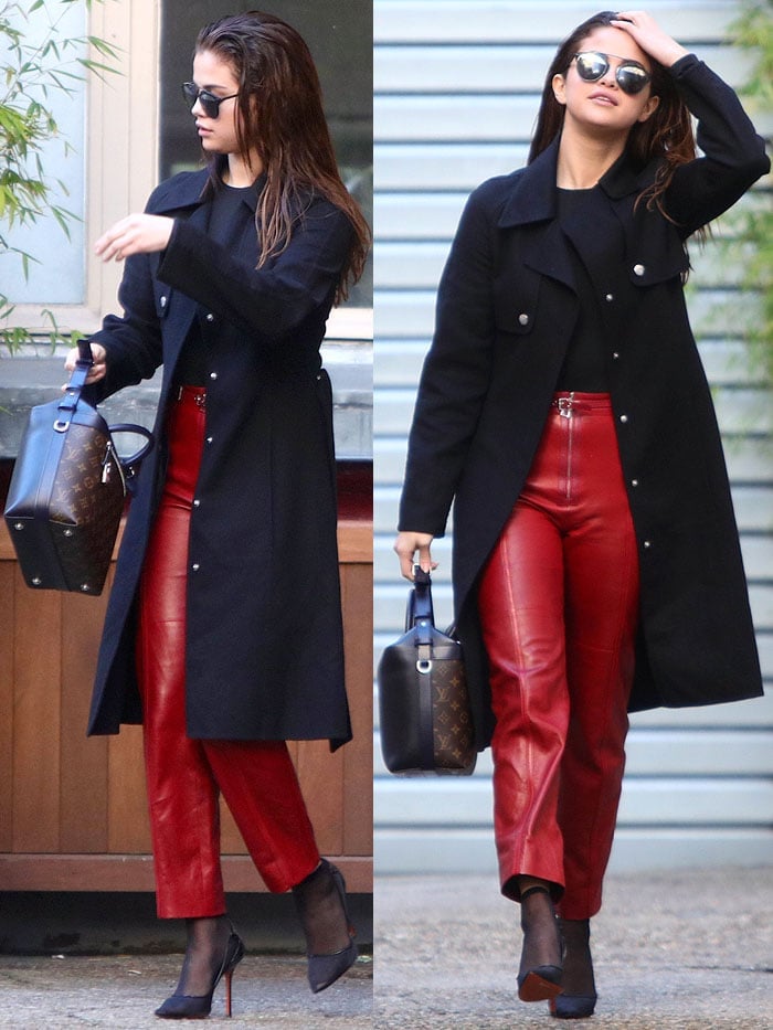 Selena Gomez wears high-waisted leather pants in Paris