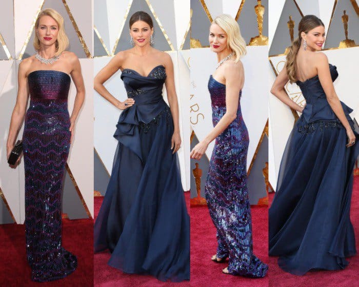 Naomi Watts dazzled in a shimmering Armani Privè gown with sequins in navy and purple, while Sofia Vergara opted for a structured, navy Marchesa dress that leaned more towards a classic prom style