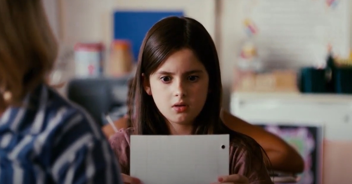 Laura Marano as young Becca in Superbad reacts to a scene while holding a blank piece of paper during filming