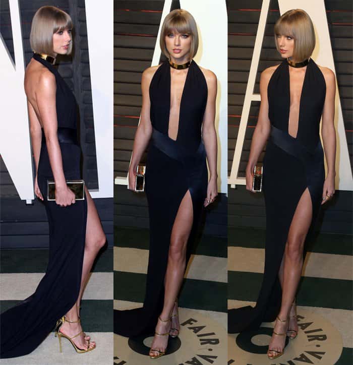 Taylor Swift's show-stopping gown by the renowned French designer Alexandre Vauthier featured a plunging V-neckline and a thigh-high slit that showcased Taylor's enviable figure and exuded both sexiness and edginess