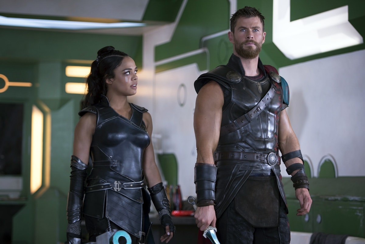 Chris Hemsworth as Thor and Tessa Thompson as Scrapper 142 / Valkyrie in the 2017 American superhero film Thor: Ragnarok directed by Taika Waititi