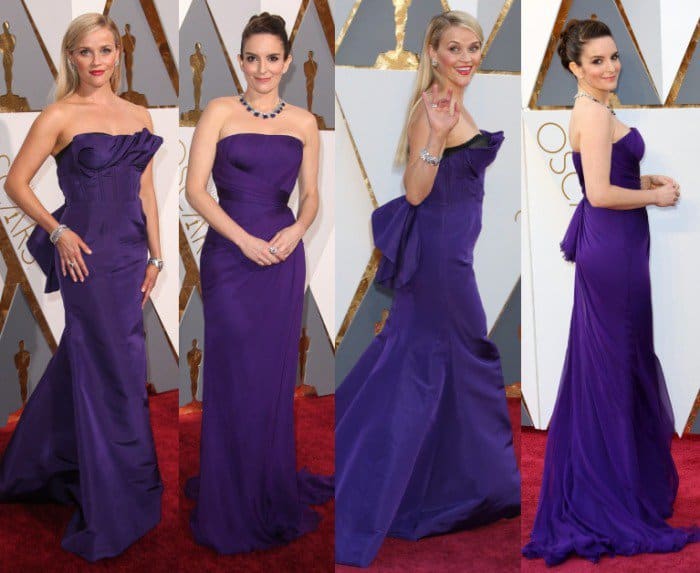 Both Reese Witherspoon and Tina Fey wore regal purple strapless gowns featuring form-fitting bodices and fishtail designs, each accented by loose fabric at the lower back