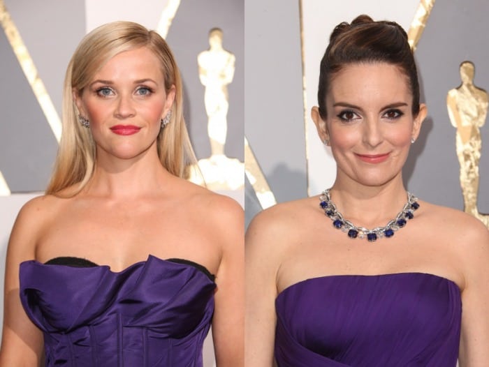 Reese Witherspoon and Tina Fey twinned in regal purple strapless gowns at the Academy Awards, turning heads with their strikingly similar styles