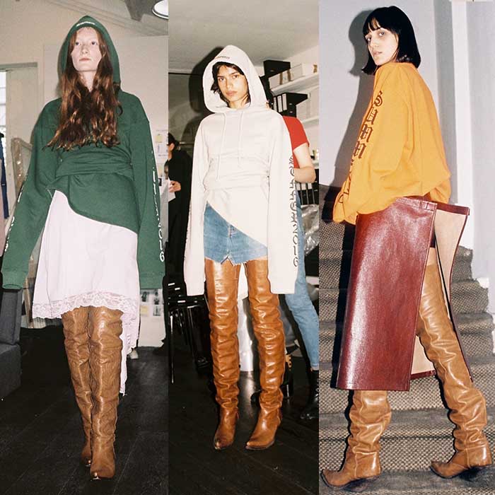 Looks from the Vetements spring/summer 2016 collection with the brown thigh-high boots as photographed by Pierre-Ange Carlotti