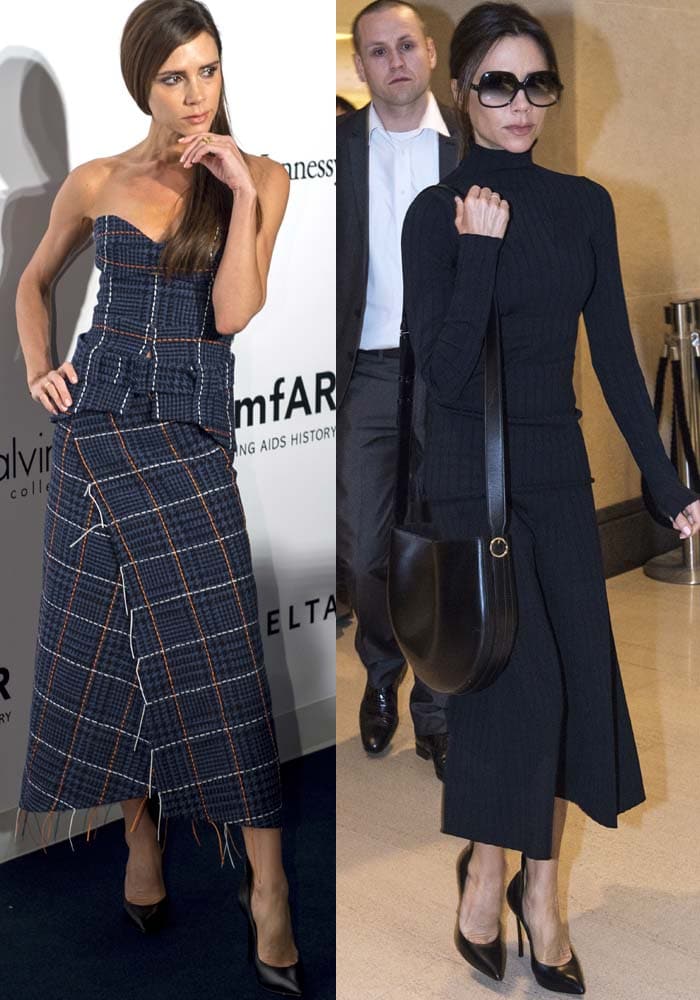Best brand ambassador: Victoria Beckham slips into two of her brand's creations for her Hong Kong trip