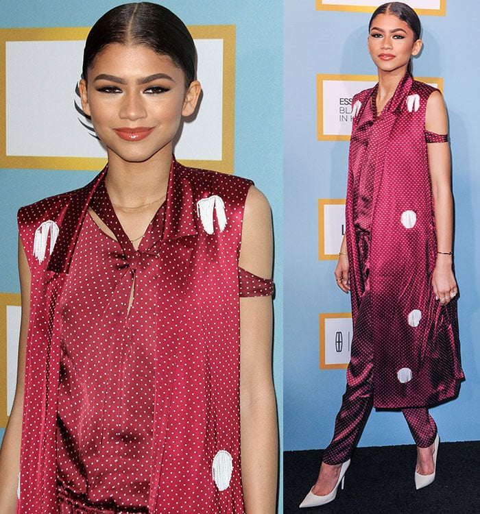 Zendaya wears a dotted-and-fringed silk Thakoon jumpsuit on the black carpet