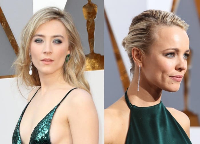 Saoirse Ronan and Rachel McAdams stunned in slinky, forest green gowns with daring cuts, making a chic and bold statement on the red carpet