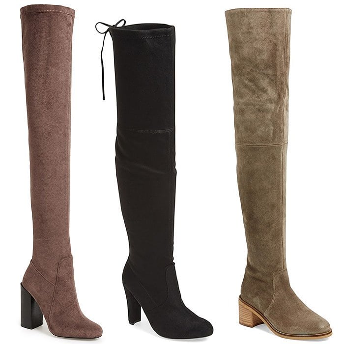 Three stylish thigh-high boots in different colors and materials: a taupe suede boot with a block heel, a black boot with a tie detail at the back, and a beige suede boot with a low wooden block heel