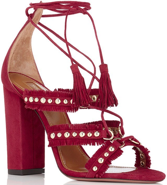 Red Aquazzura Tulum fringed studded suede sandals