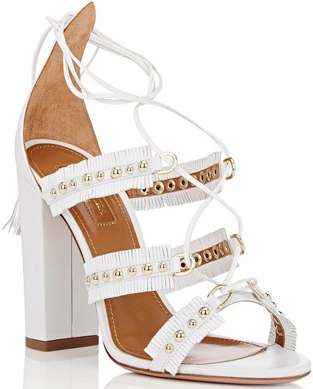 White Aquazzura Tulum fringed studded suede sandals