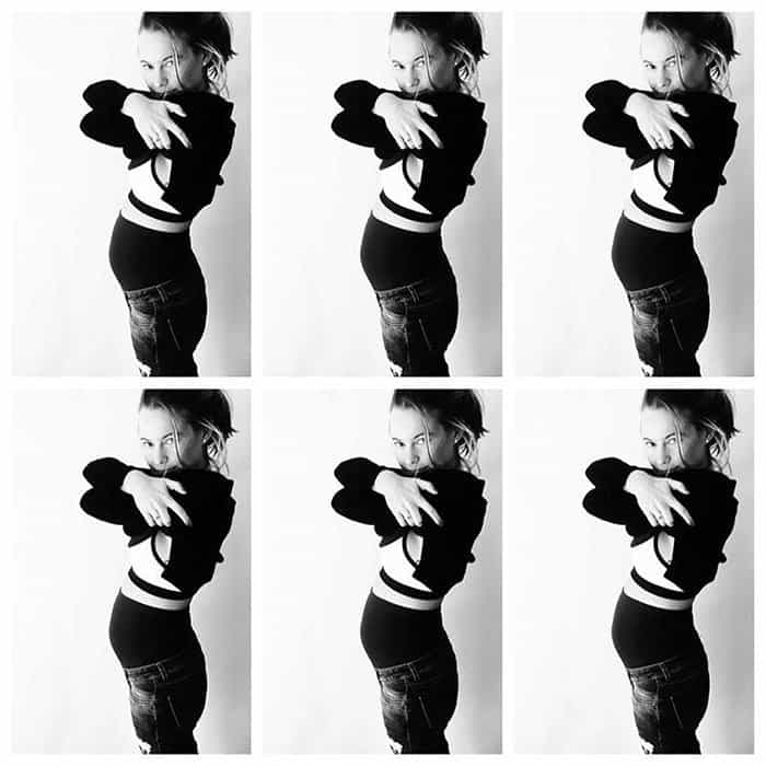 Behati Prinsloo embraces her growing bump in a playful six-shot collage, showcasing her chic maternity style