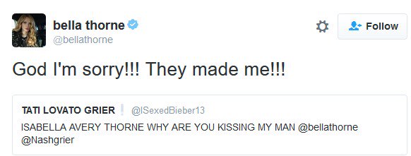 Bella Thorne explains on Twitter that making out with Nash Grier was part of her job