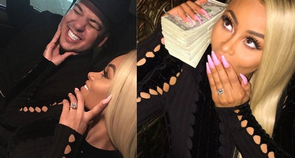 Blac Chyna and Rob Kardashian celebrate their engagement, with Blac Chyna showing off her massive diamond ring while playfully posing with a stack of cash