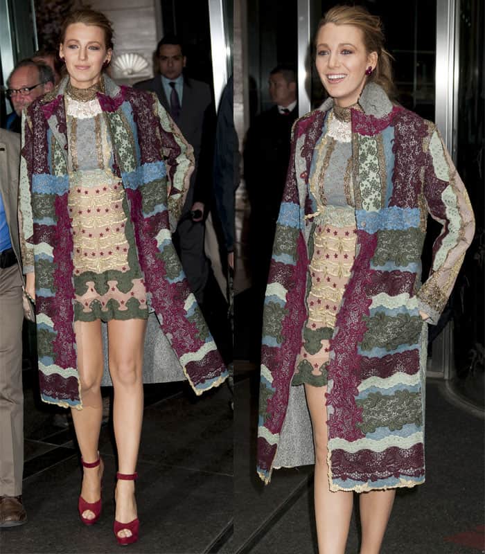 Blake Lively leaves her hotel in a long embroidered coat with a matching dress