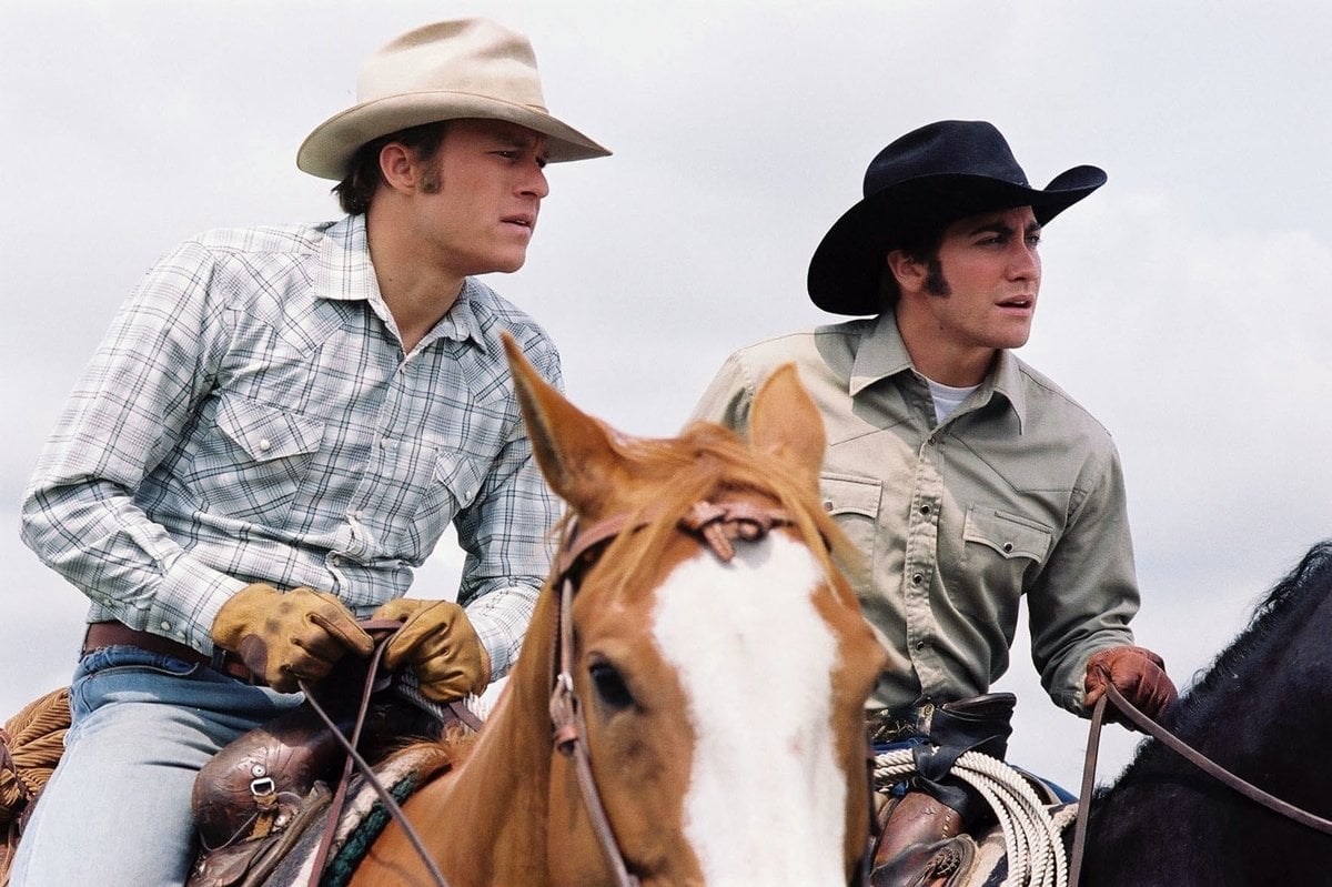 Heath Ledger as Wyoming sheepherder Ennis Del Mar and Jake Gyllenhaal as fellow sheepherder Jack Twist in the 2005 American Neo-Western romantic drama film Brokeback Mountain