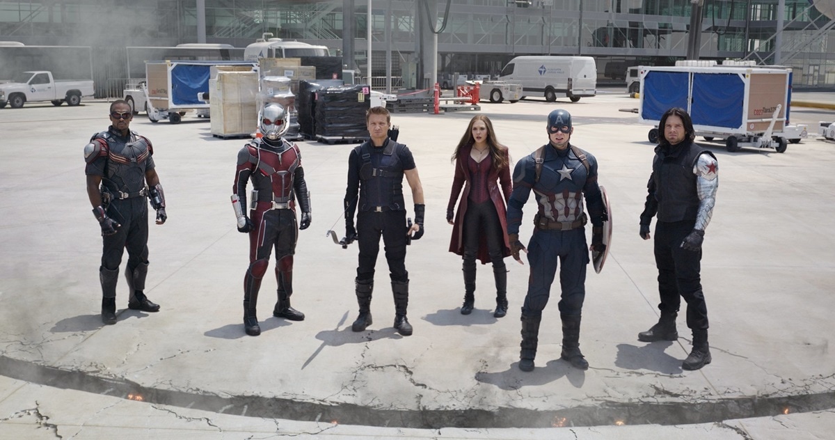 Anthony Mackie portrayed Sam Wilson, also known as Falcon; Paul Rudd played Scott Lang, who is Ant-Man; Jeremy Renner depicted Clint Barton, famously called Hawkeye; Elizabeth Olsen embodied Wanda Maximoff, recognized as Scarlet Witch; Chris Evans portrayed Steve Rogers, widely known as Captain America; and Sebastian Stan depicted James 'Bucky' Barnes in the movie "Captain America: Civil War"