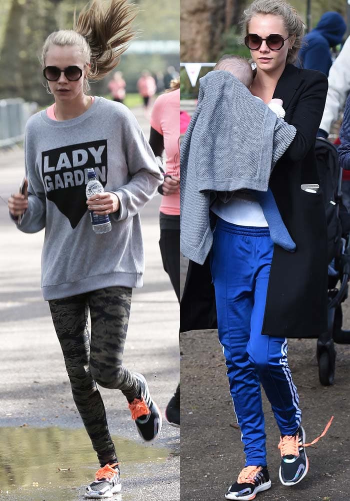 Cara Delevingne pairs a Lady Garden sweatshirt with Adidas track pants and Fendi sunglasses