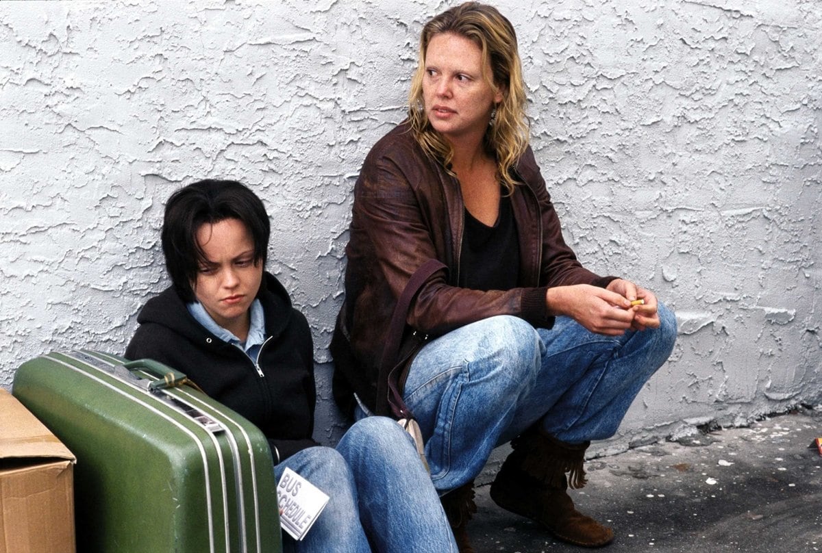 Charlize Theron as Aileen "Lee" Wuornos and Christina Ricci as her semi-fictionalized lover Selby Wall (based on Tyria Moore) in the 2003 American biographical crime drama film Monster