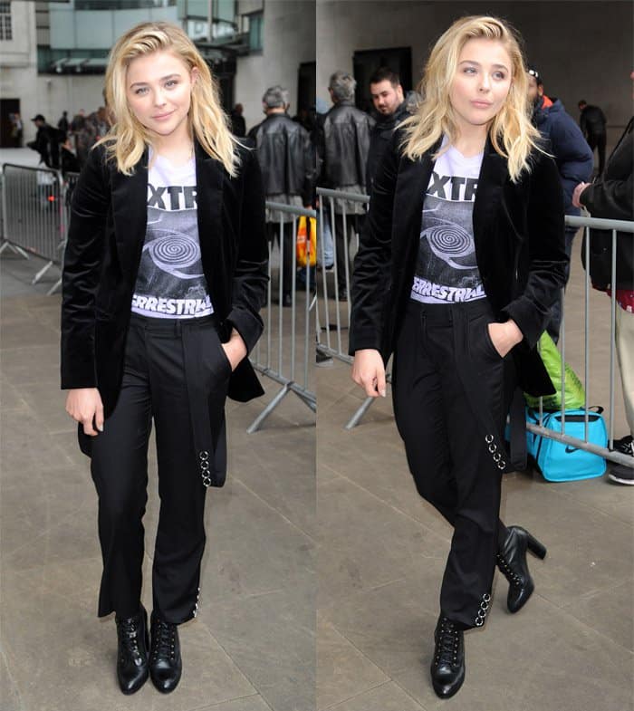 Chloe Grace Moretz sported a chic pair of suspender pants from the Mugler Pre-Fall 2016 collection