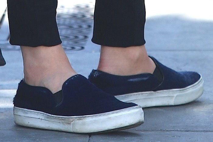 Chloe Moretz's beat-up Celine blue pony hair slip-on sneakers