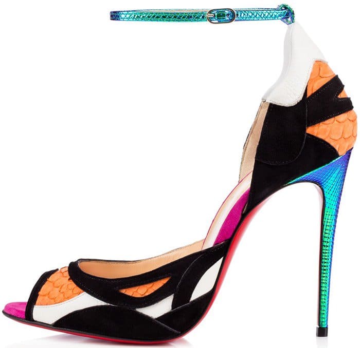 Christian Louboutin low-cut pump in colorblock suede, iridescent leather, and python