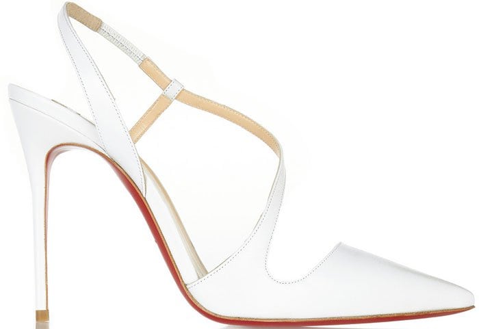 White leather d'Orsay red sole pumps with asymmetrical straps