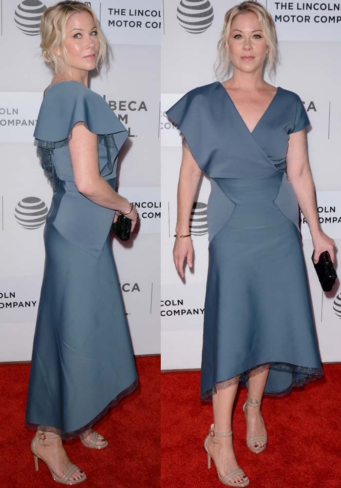 Christina Applegate flashed her legs in a beautiful blue-gray dress with asymmetrical sleeves