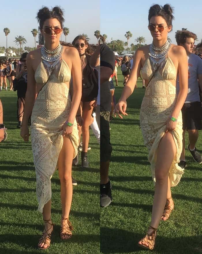 On April 15, 2016, during week 1 of Coachella held at the Empire Polo Club in Indio, California, Kendall Jenner confidently showcased her legs in a stylish crocheted dress, perfectly capturing the festival atmosphere