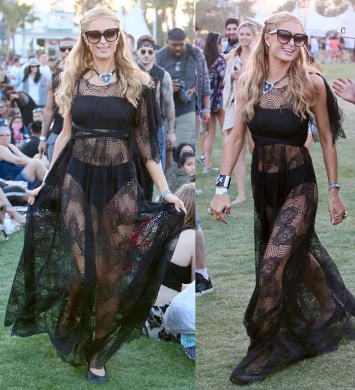 At week 1 of Coachella held at the Empire Polo Club in Indio, California, on April 15, 2016, Paris Hilton turned heads in a stunning Michael Costello sheer black lace dress, exuding elegance and allure