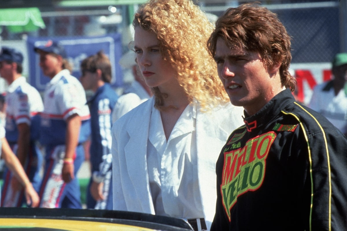 Tom Cruise as young race car driver Cole Trickle and Nicole Kidman as neurosurgeon Dr. Claire Lewicki in the 1990 American sports action drama film Days of Thunder