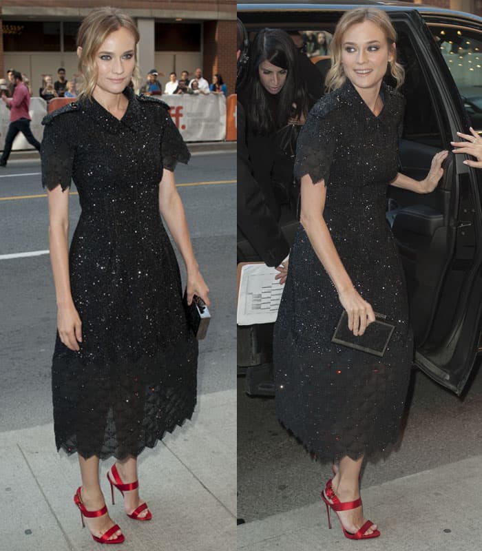 Diane Kruger exudes timeless femininity in a sparkling black midi dress, adding a bold touch with striking red heels at the Toronto International Film Festival
