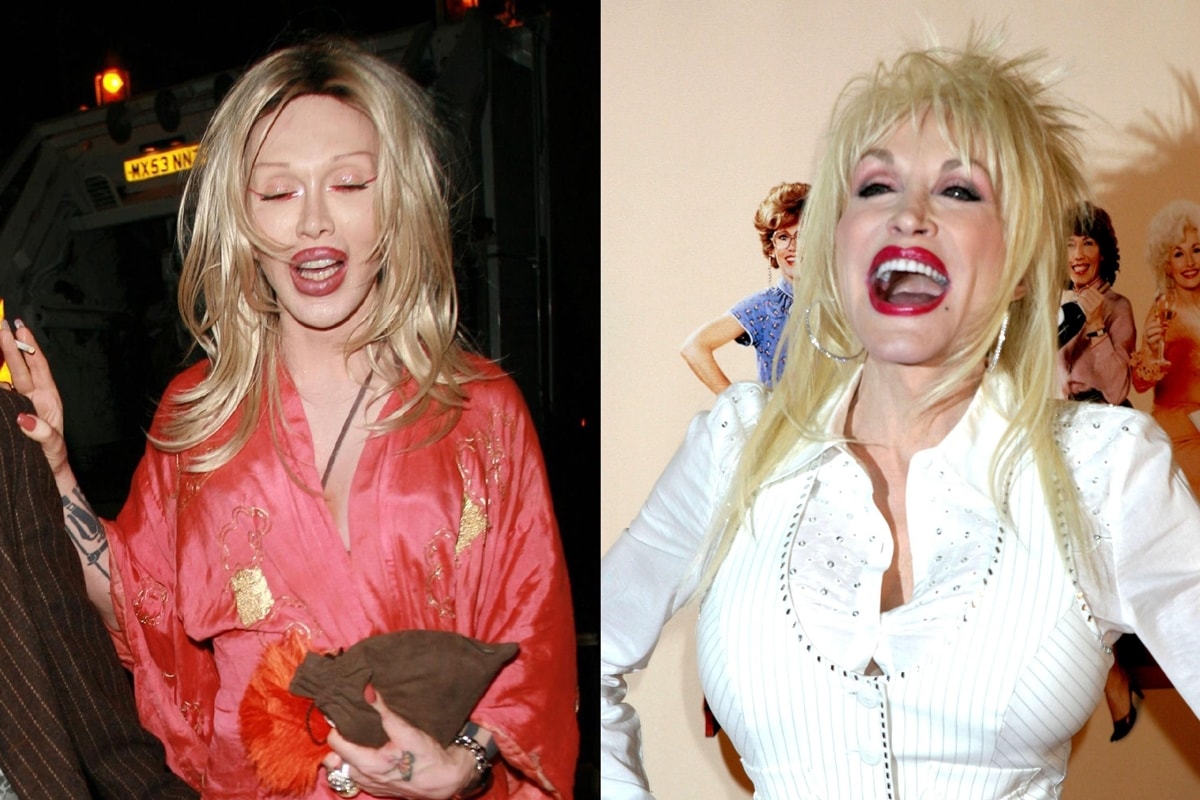 Dolly Parton and her lookalike Pete Burns, both known for their love of bold fashion and extensive plastic surgery, showcase their signature styles—Dolly in a rhinestone-studded white ensemble with her iconic platinum blonde hair, and Pete in a silky embroidered kimono with dramatic makeup and voluminous waves