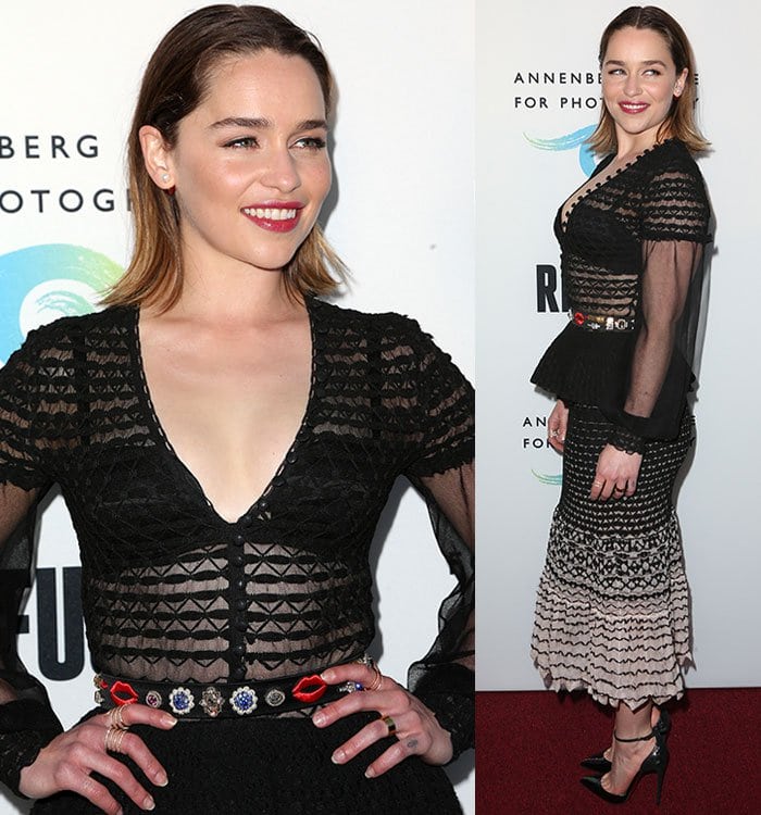 Emilia Clarke wears an embroidered Alexander McQueen dress to a photography exhibit