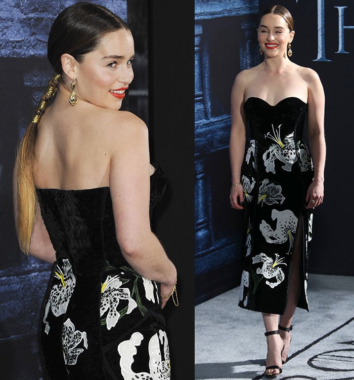 Emilia Clarke wears a dark floral-printed Erdem dress to the "Game of Thrones" season premiere