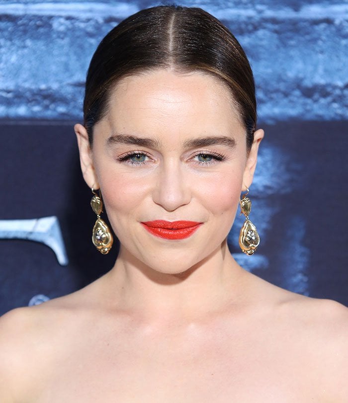 Emilia Clarke wears her hair up at the "Game of Thrones" season 6 premiere